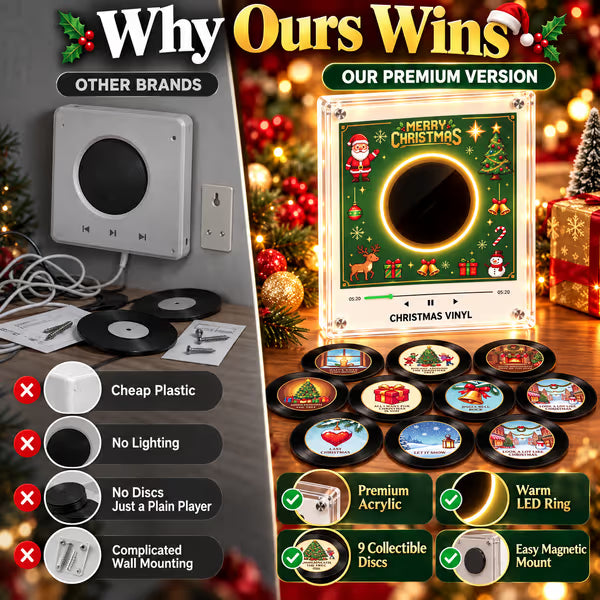 Christmas Vinyl Frame — Magnetic Fridge Music Player with Christmas Collectible Discs, LED Holiday Decor, Ideal Xmas Gift